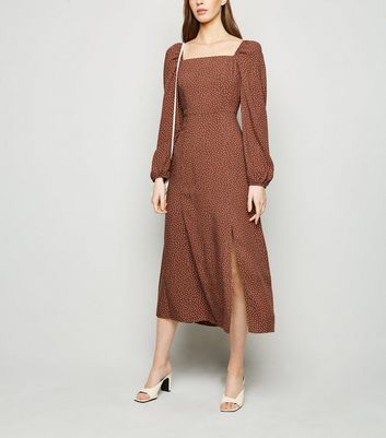 Brown Spot Long Sleeve Midi Dress | New Look